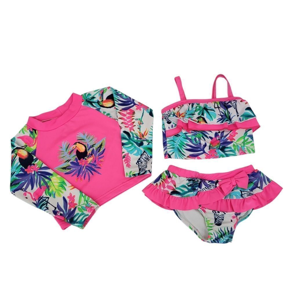 Lily & Dan Tropical Pink Kids Swim Set Rash Gaurd Girls Toddler Size 2T Swimsuit